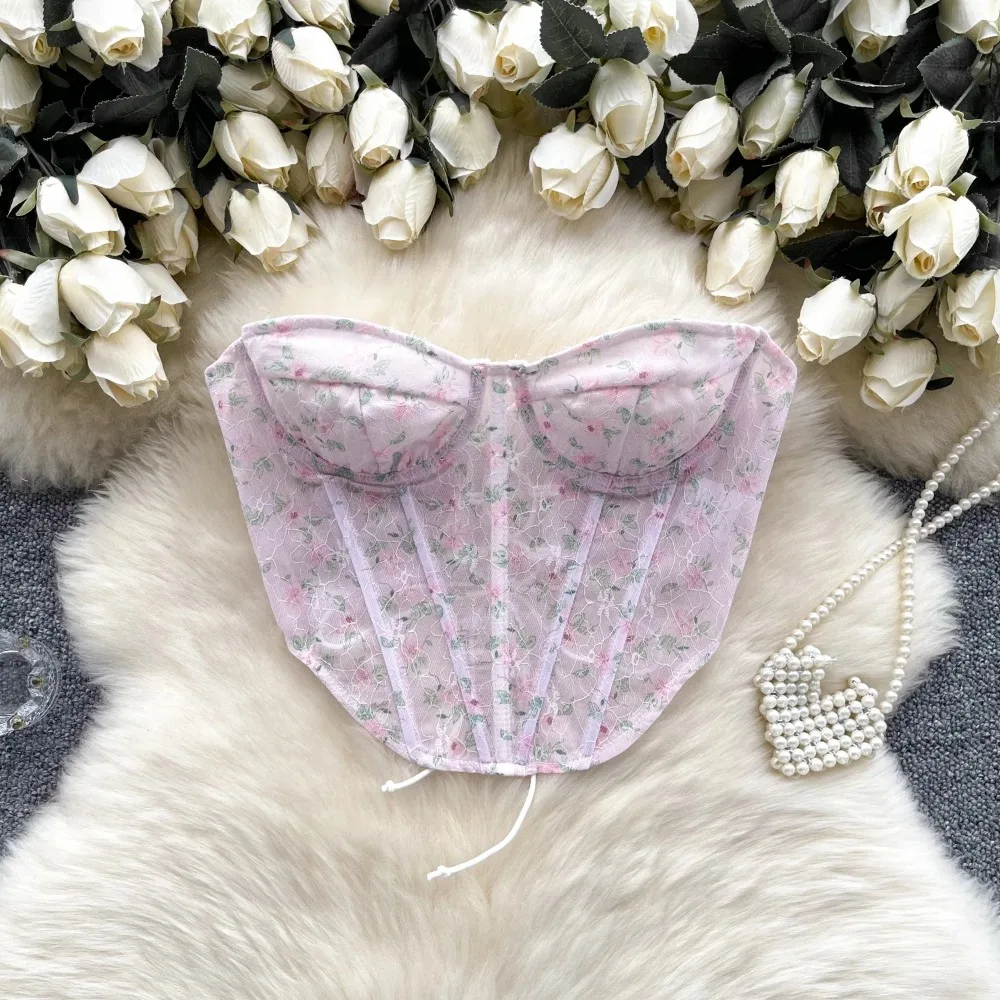 

sweet sleeveless tube top lace embroidery Camis Slim Korean Tanks Top Elegant Basic Crop Top summer Women Bustier