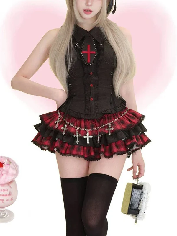 

Summer Cross No-Sve Slim Fit Top And Plaid Splicing Cake Skirt Two-Piece Set for Women High Waist Collar Retro S...