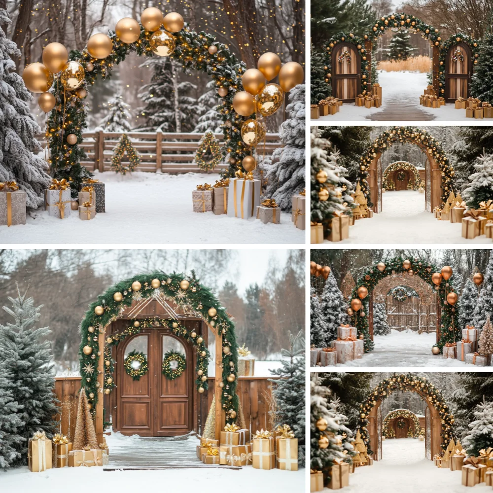 

Christmas Backdrop for Photography Snow Golden Balloon Arch Wreath Tree Wooden Door Fence Photo Studio Background Photozone