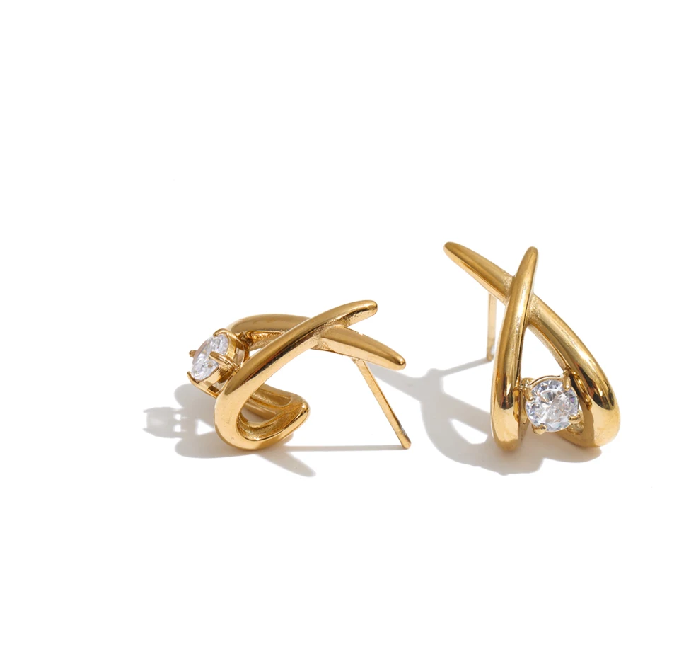 Yhpup Edelstahl-Ohrstecker mit eingelegten runden CZ-Steinen, X-Form, goldfarben plattiert, moderner, glänzender Glamour-Schmuck, wasserdicht. – Detail 3