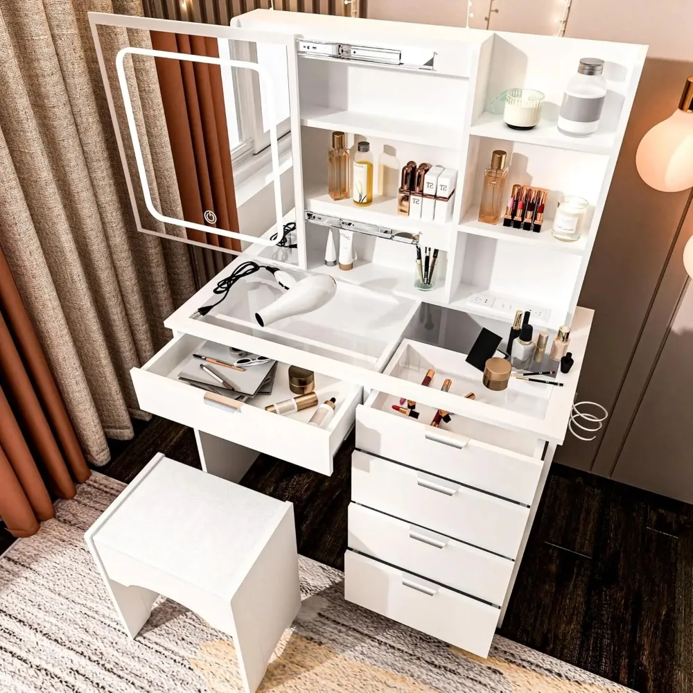 Vanity Desk with Mirror, LED Lights and Power Outlet, Glass Top with 5 Drawers and 6 Adjustable Storage Shelves