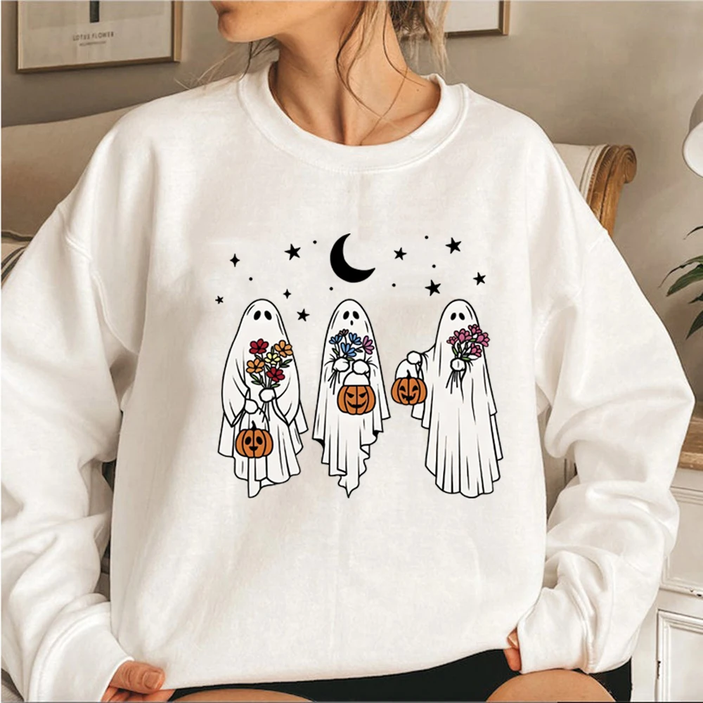 Vintage Halloween Ghost Sweatshirt Floral Retro Spooky Pumpkin Sweatshirts Women Long Sleeve Pullover Womens Halloween Hoodies