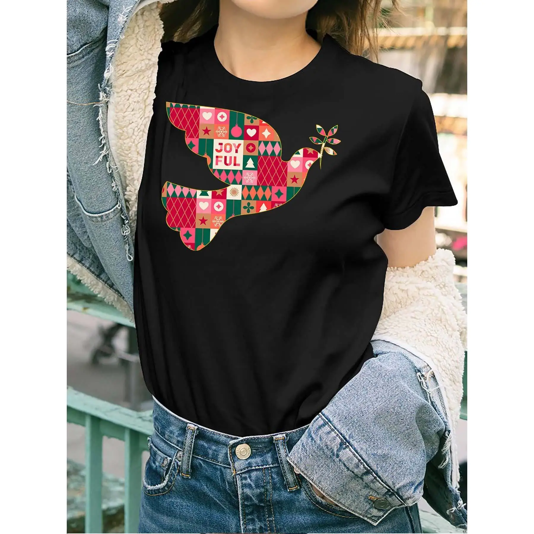 

Christmas Joyful Pattern Peace Dove funny Womens Short Sleeve T-shirt