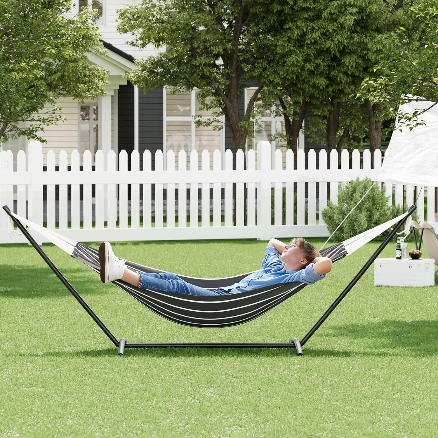 Hamac rembourré avec structure métallique robuste, chaise suspendue en polyester résistant aux intempéries pour jardin extérieur, balcon et terrasse, capacité de charge élevée jusqu'à 150 kg, dimensions totales 200x100