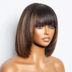 Put On And Go Easy Part Human Hair Bob Lace Straight Wigs With Bangs Glueless Middle Part Bangs Wigs Brazilian Remy Hair Wigs