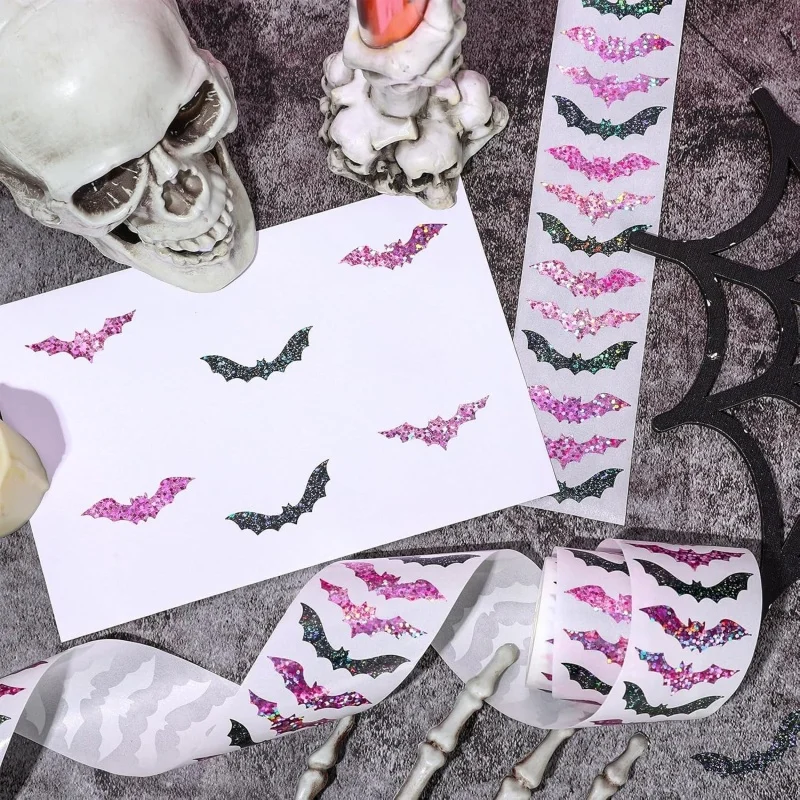 500 Stück Halloween-Fledermaus-Aufkleber-Rolle, Laser-Schwarze Fledermäuse, Wasserfeste Glitzer-Selbstklebende Aufkleber für Halloween-Scrapbook-Partydekoration – Detail 11