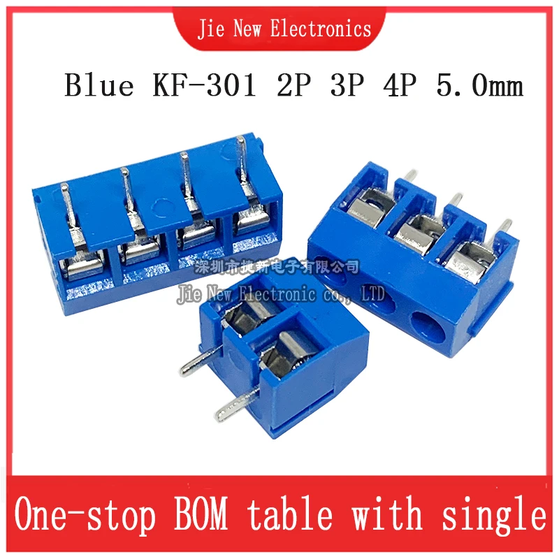 10/50 buah KF301-3P KF301-2P KF301-4P 5mm PCB sekrup Terminal blok KF301 2 Pin 3 Pin kawat konektor jarum lurus biru