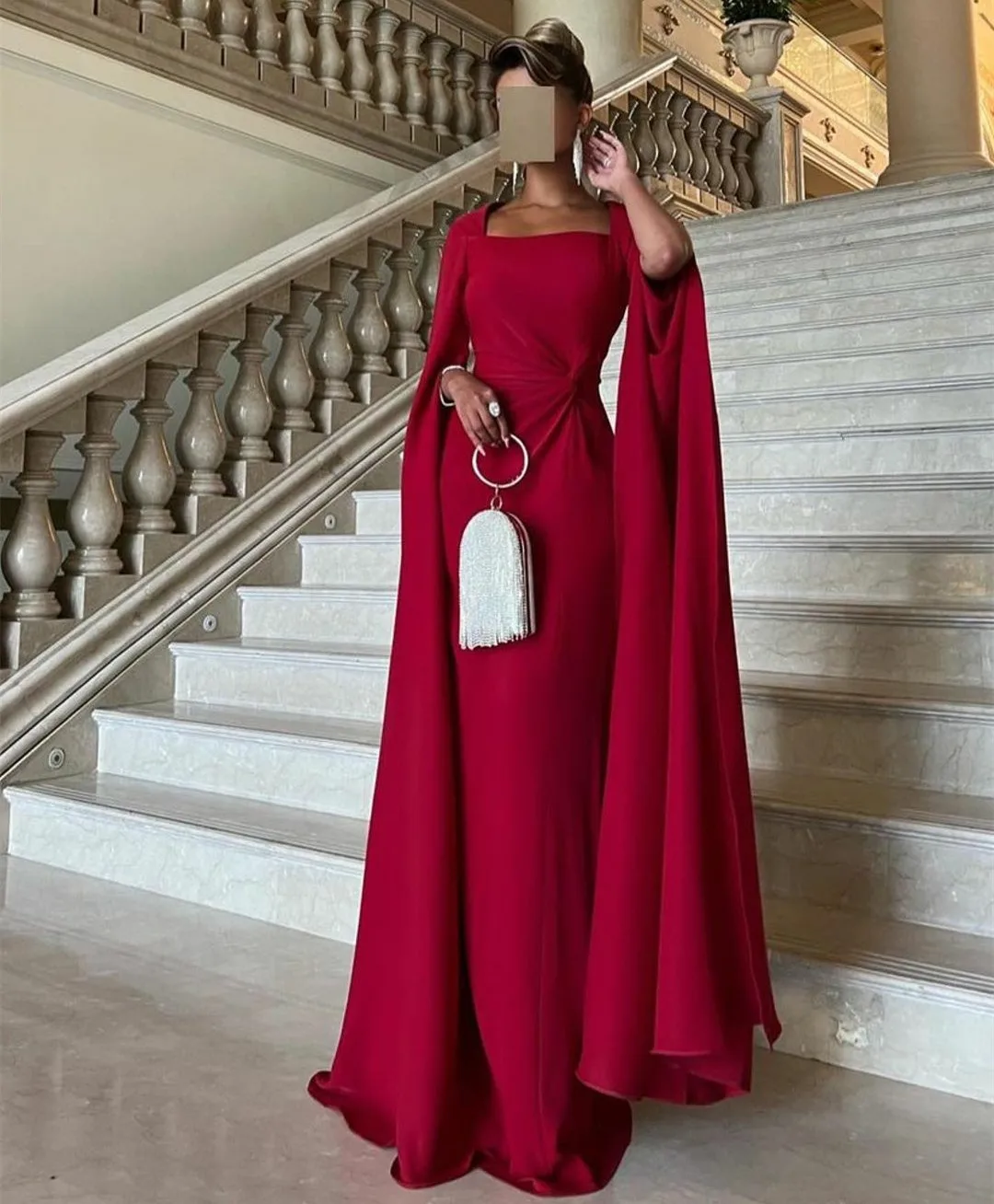 Vintage Long Dark Red Crepe Evening Dresses With Cape Sheath Square Collar Pleated Dubai Floor Length Prom Dresses for Women