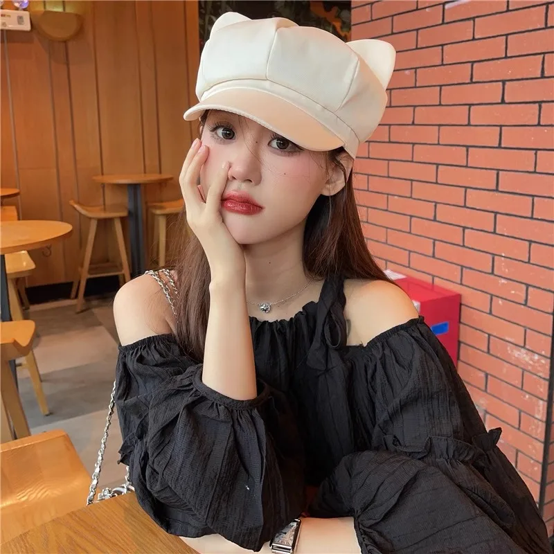 

Регулируемый берет с кошачьими ушками, шапка-бини в корейском стиле с тыквой и полями утки для женщин и девочек, восьмиугольная кепка