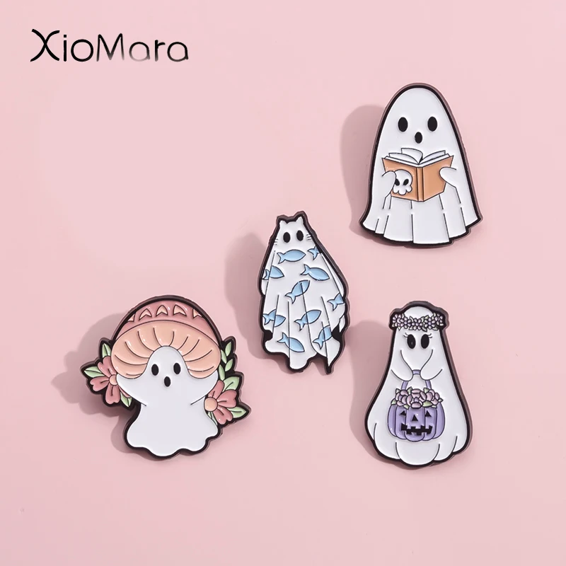 Fun Pumpkin Ghost Enamel Pin Custom Cartoon Mushroom Book Spooky Ghost Brooch Lapel Badges Halloween Jewelry Gift For Kid Friend