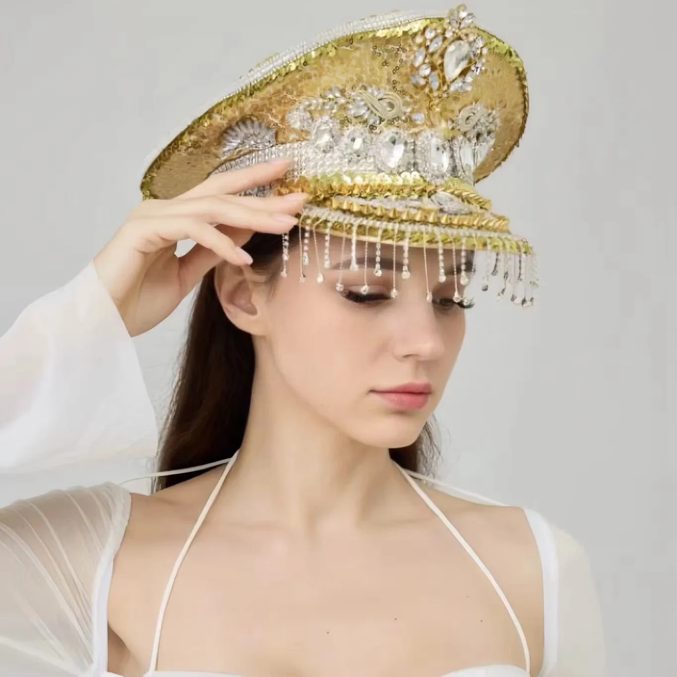 

Костюм музыкального фестиваля HongLuan, шляпы капитана со стразами для карнавальной женщины, женские аксессуары для косплея