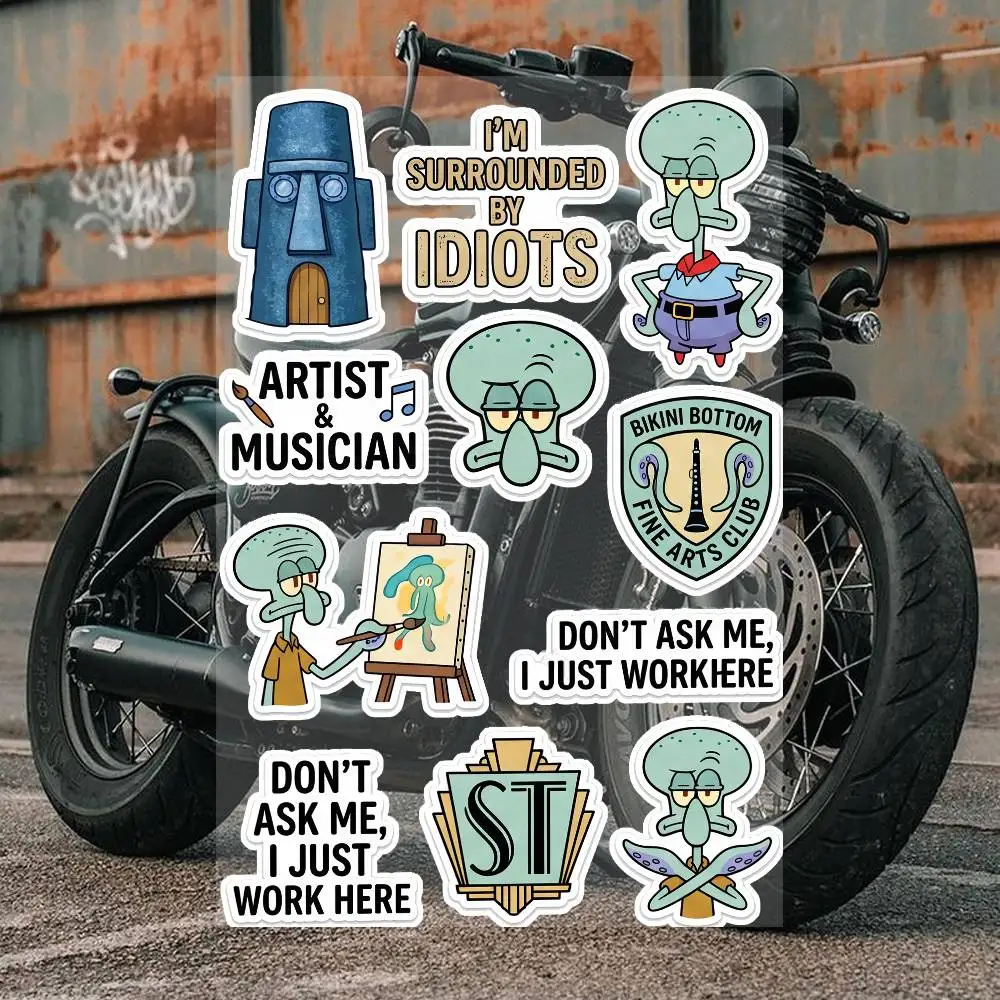 Cartoons at Work S-Squidward Tentacles Motorcycle Stickers Waterproof Vinyl Decals for Motorbike Helmet Fuel Tank Bike