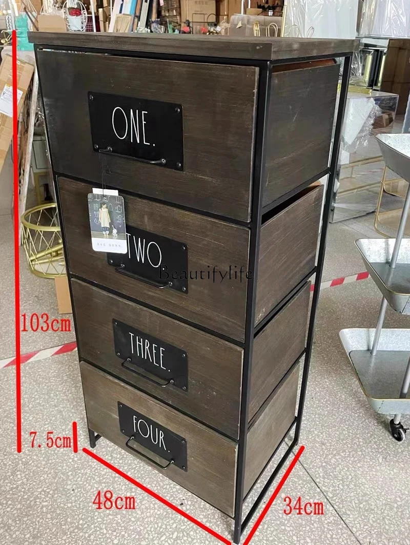 American-Style Village Style Vintage Wrought Iron Wooden Four-Tier Cabinet Storage Side Cabinet