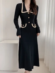 Women Casual Elegant Small Fragrant Style Lapel Slim Knit Dress Autumn Winter New High Waist Bottom Long Jumpsuit Ladies Dresses