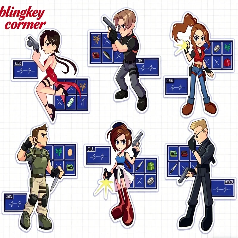 Resident Evil Acrylic Keychain-Leon, Claire, Jill, Ada Wong Charms with Herb & Ammo Design, Classic Game Item Pendant for RE Fan