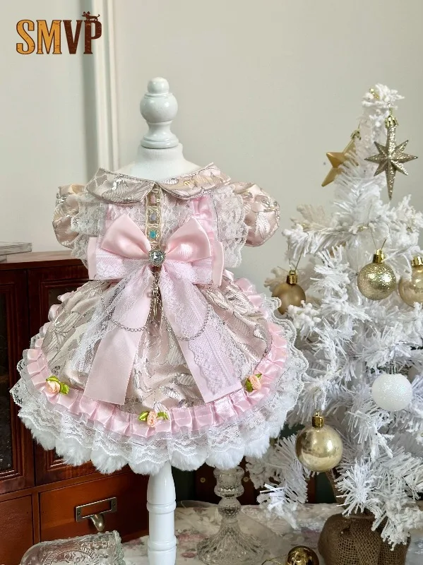 Pink Satin Embroidery Pet Princess Dress Lace Big Bow Ruffle Floral Dress Clothes for Dogs Cats Party Wedding Outfit Apparel