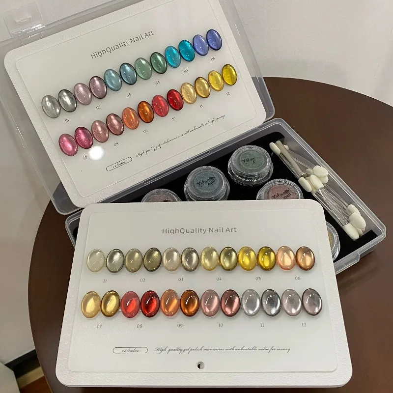 12 Colors Sheer Nail Art Fairy Powder Mirror Nail Powder Semi Permanent Soak Off UV LED Nails Manicure Supplies with Display