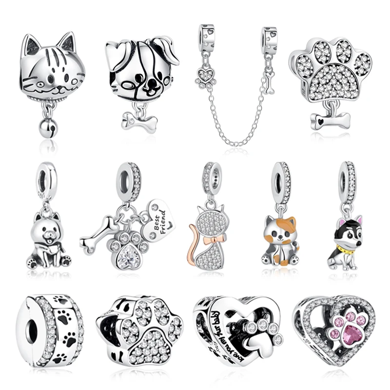 Original 925 prata esterlina encantos amor animais de estimação cão gato pata impressão pingente contas caber marca pulseiras colares feminino jóias diy
