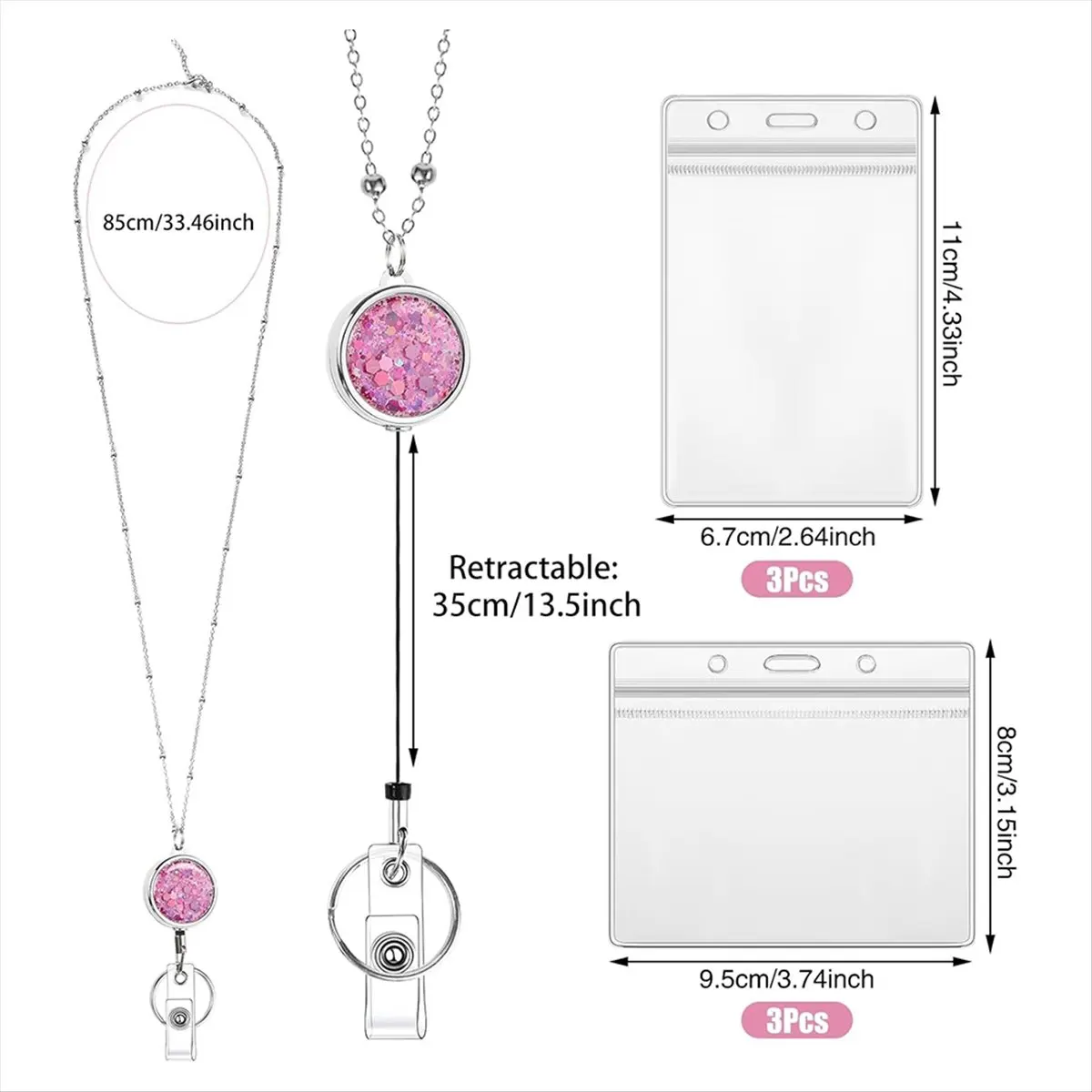 2026 NEW 3 Pack Women Lanyards for Id Badges with 6 Pcs Id Badge Holder for Women Cruise Lanyards Stainless Steel Glitter
