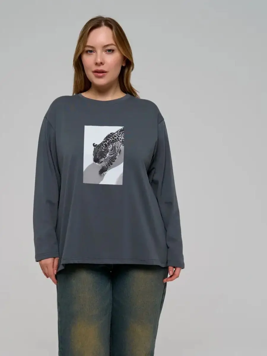 Leopard Design Unique Pattern Tops Gray 100% Cotton Large Size Autumn Long Sleeve Thin Sweatshirts Basic Tees Temperament Women