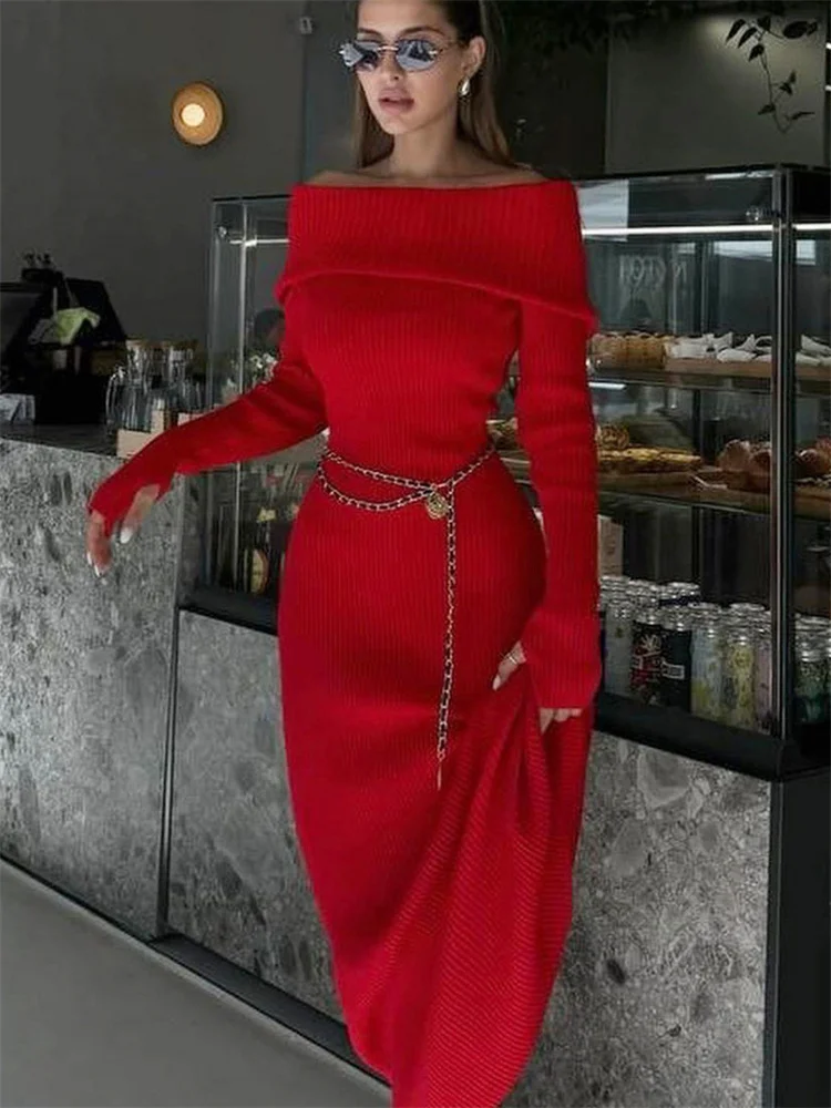 Maix Dress For Women  Knitwear Ribbed Off-Shoulder Loose High Waist Long Sleeve Dress Female Knit Elegant Dress