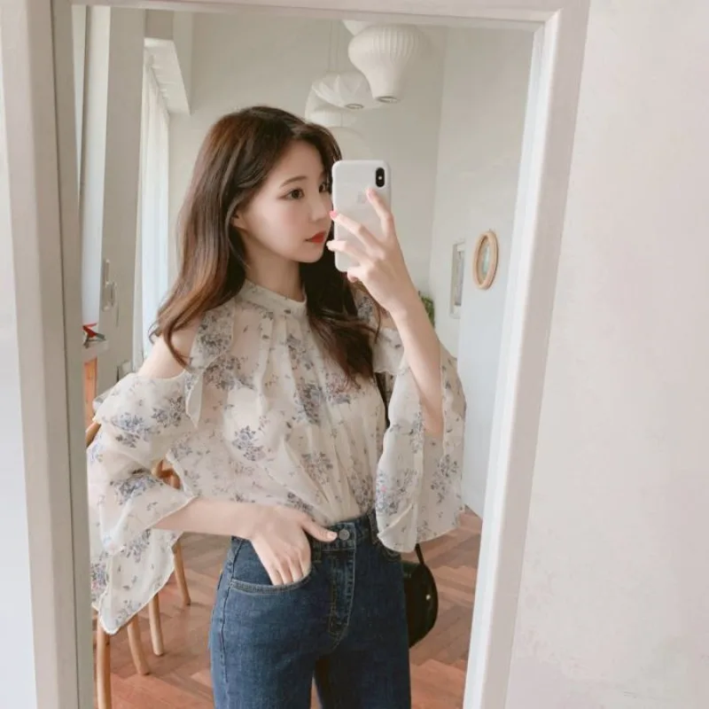 Frill Off Shoulder Women\'s Shirt And Blouse Floral Ruffle Tunic 2024 Korean Style Vintage Elegant Female Tops Aesthetic Hot Chic