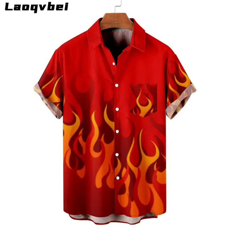 

Streetwear Red Flame Print Fashion Casual Short Sleeve Pocket Shirt Men's Hawaiian Shirt Oversized Beach Shirt Camisa Masculina