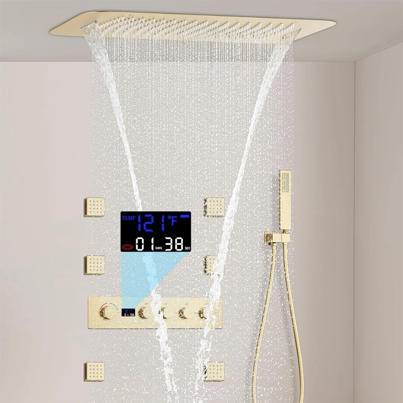 Latón Oro pulido Pantalla digital Sistema de ducha termostática Grifo de ducha de lluvia Grifo de ducha de baño con chorros corporales
