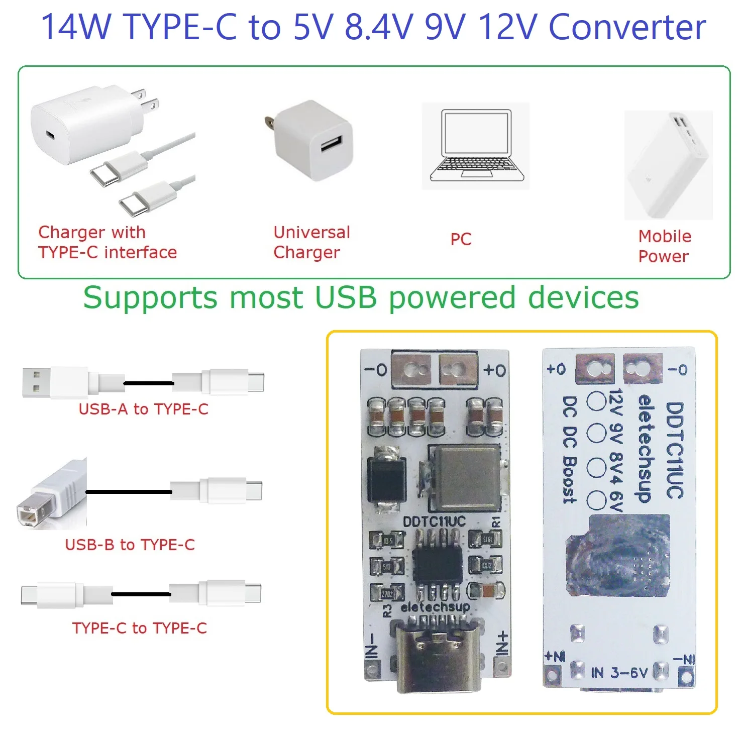 3.5A USB C TYPE-C to DC 6V 8.4V 9V 12V Step-Up DC-DC Boost Converter Power Supply for QC PD High Power Mobile Phone Charger