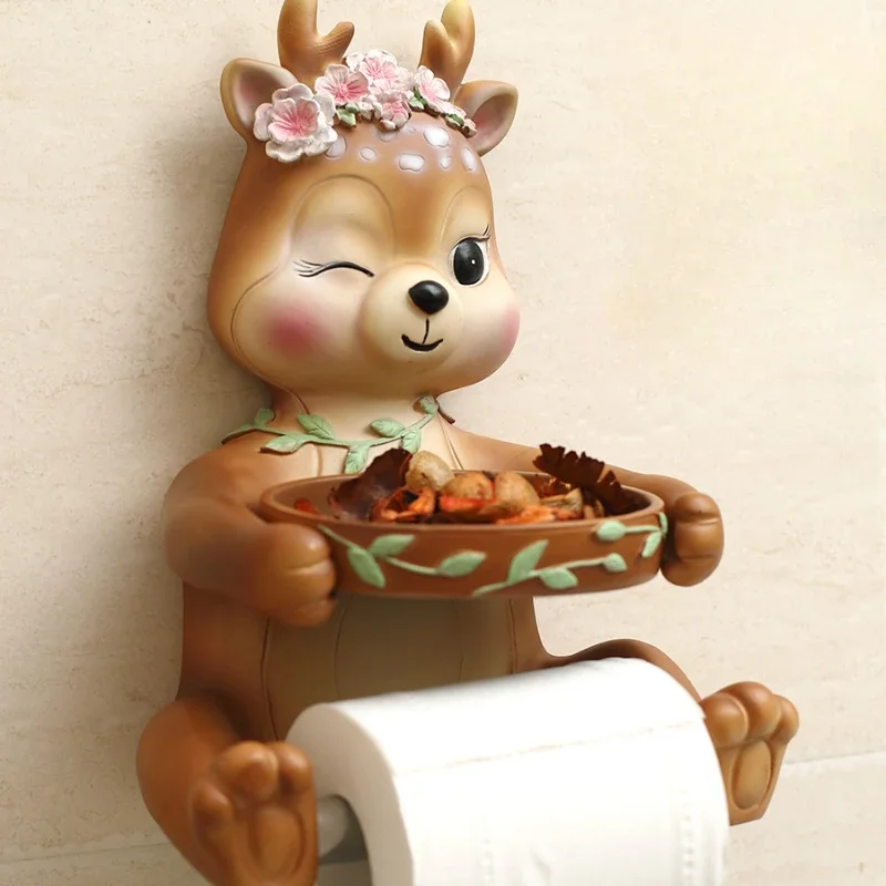 

Multifunctional Punch-free Tissue Holder Bathroom Decor Accessories Wall-mounted Roll Holder Creative Resin Deer Tissue Box