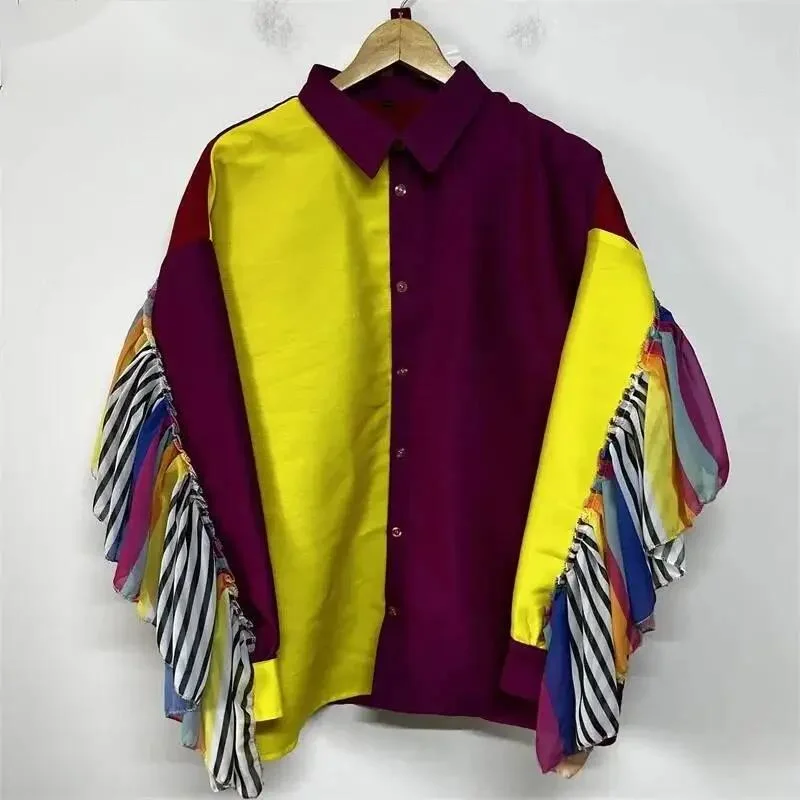 Multi Tone Patchwork Ruffle Fringe Sleeve Shirt Mens Niche Art Street Spring Autumn Long Sleeve Casual Tops CD5R