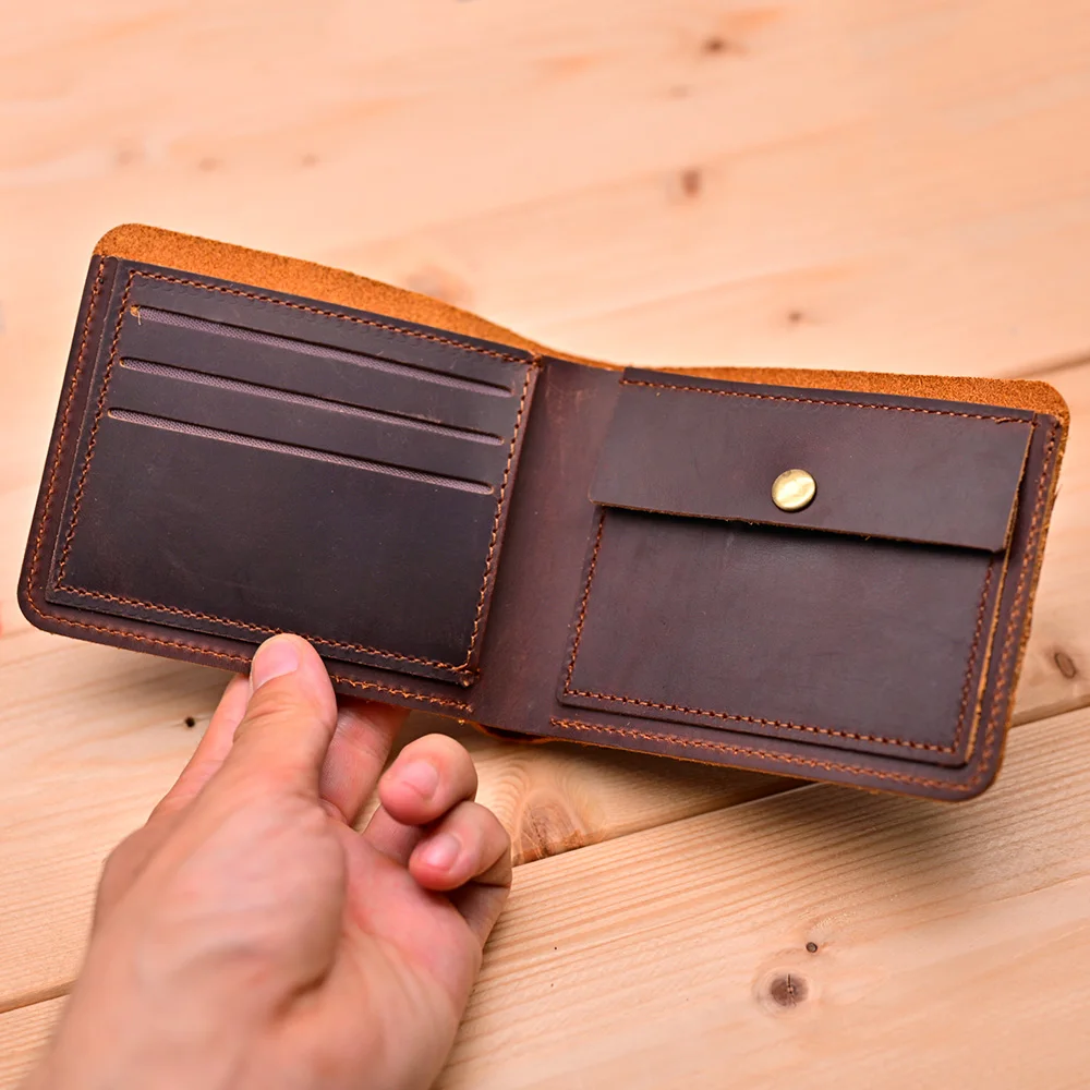 Echtes Leder Herren-Geldbörse Vintage Bifold Kurze Geldbörse Handgefertigt Crazy Horse Rindsleder Schlanker Kartenhalter Männliche Taschen-Geldbörse – Detail 3