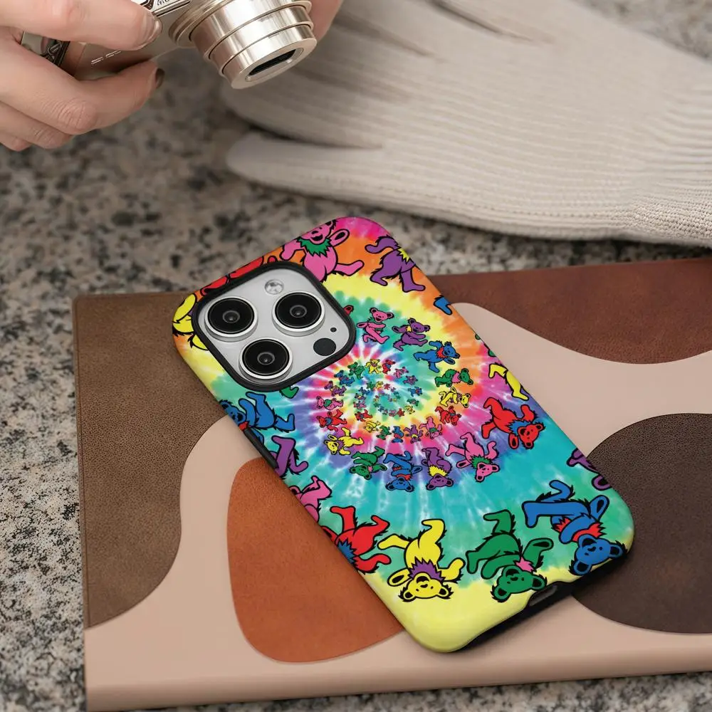 Grateful Dead Dance Bear Phone Case For iPhone 16 15 14 13 12 11 Pro Max Plus Glossy HD Double-Layer Liquid Back Film Hard Shell