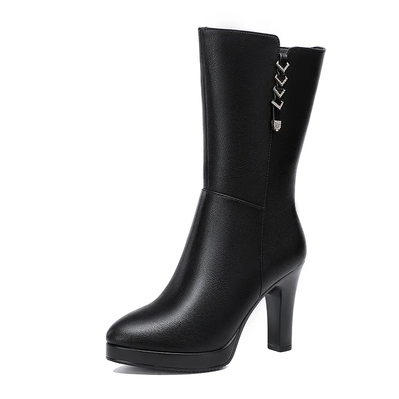 10cm Fashion Comfortable Mid Calf Motorcycle Boots Women\'s Platform Shoes Winter 2025 Block High Heels Warm Plush Leather Botas