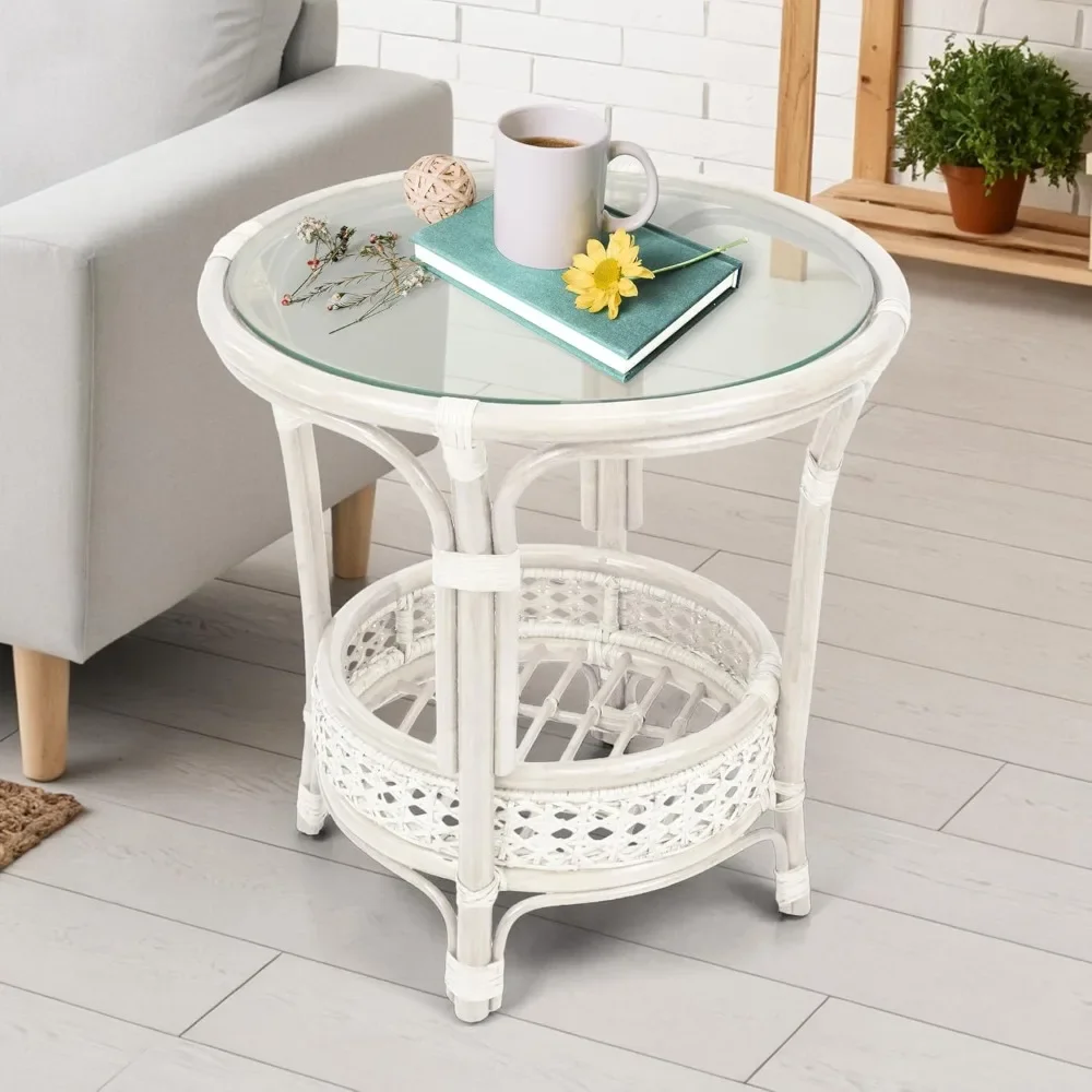 Coffee Round Table White Wash Color Handmade ECO Natural Rattan Wicker with Glass Top