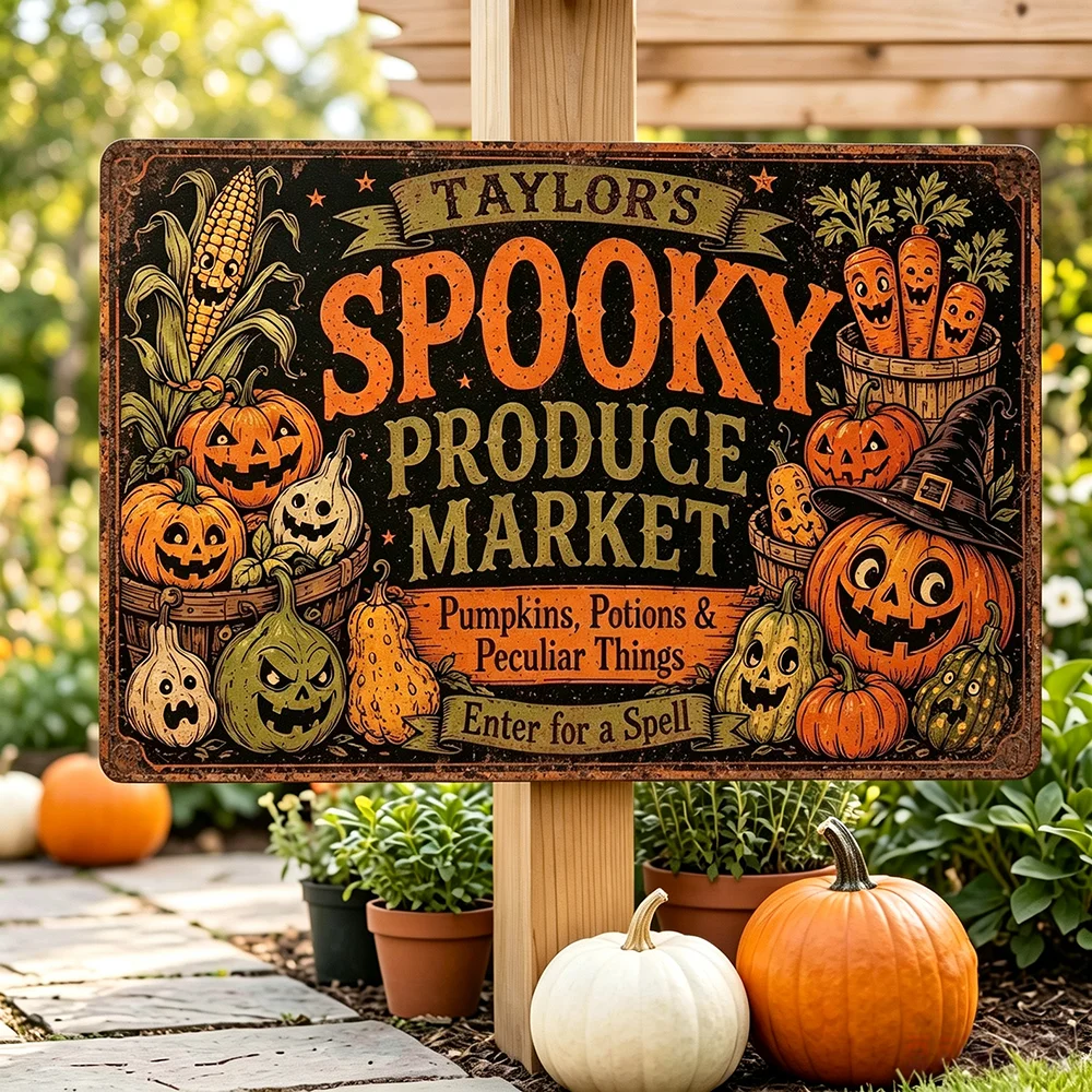 CIFbuy [2D Flat] Personalized Aluminum Plaque, Custom Name Halloween Pumpkin Retro Outdoor Wall Decor (Only For Decoration)