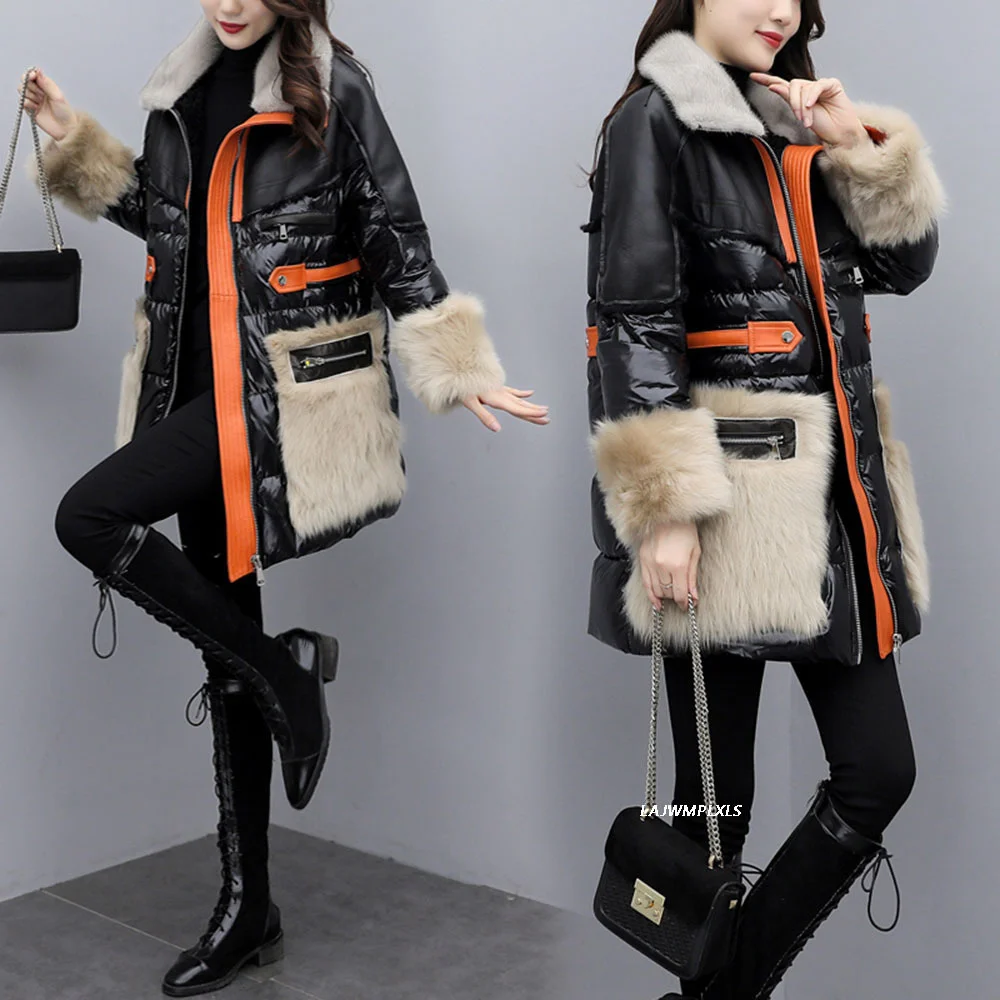 Duck 90% white Jacket Patchwork Fur Coats 2023 Fashion Women Overcoat Winter Turn-down Collar Down Parka