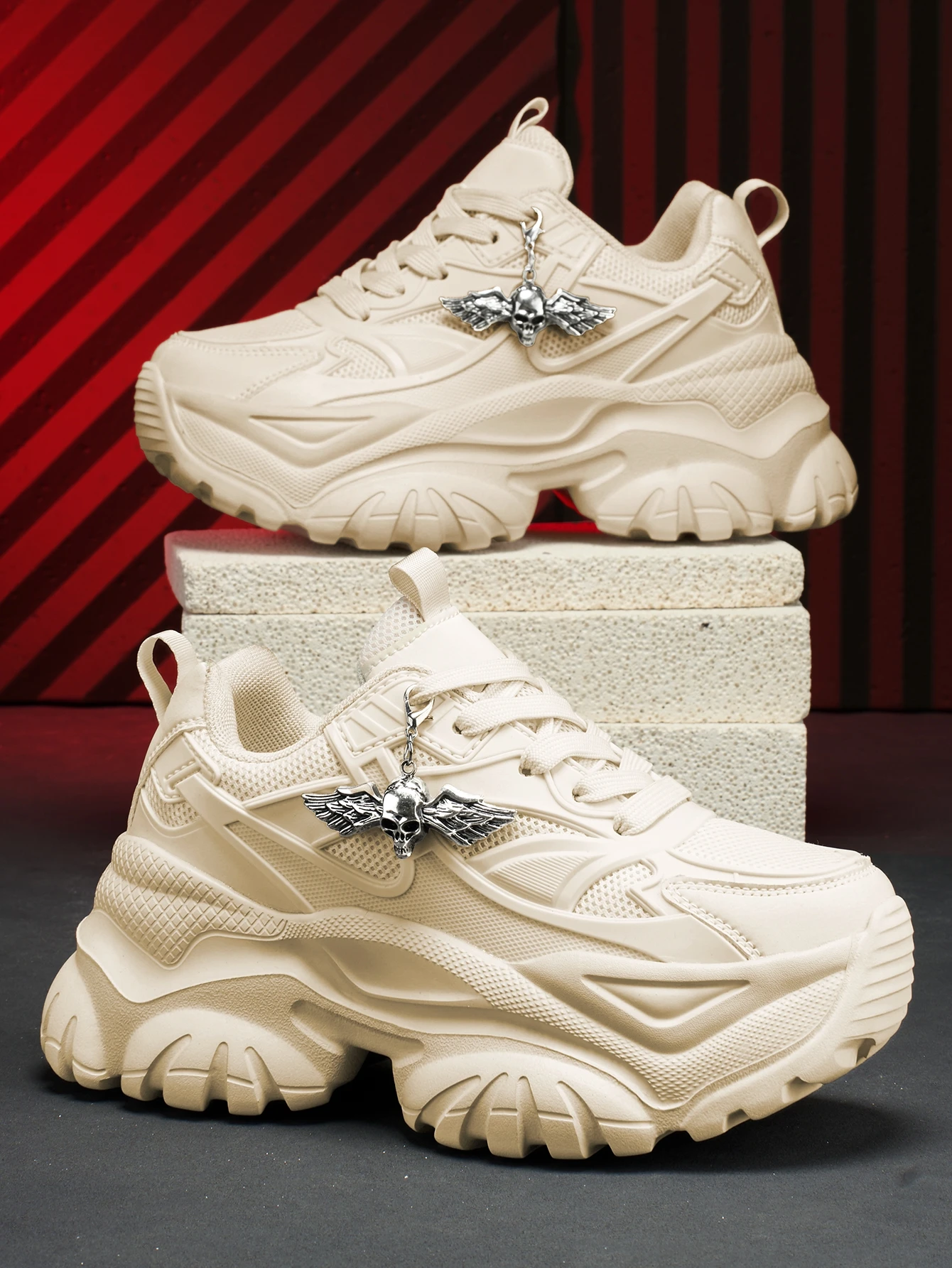Women's 2026 New Sweet Cool Y2K Gothic Style Off-White Thick-Soled 7CM Height-Increasing Dad Shoes, High-Street Subculture Trendy Versatile Casual Sneakers, featuring a lightweight breathable mesh upper with textured panels, detachable vintage silver angel skull metal pendant, EVA serrated sole, suitable for all seasons, trendy shoes for everyday wear, commuting, and party outfits
