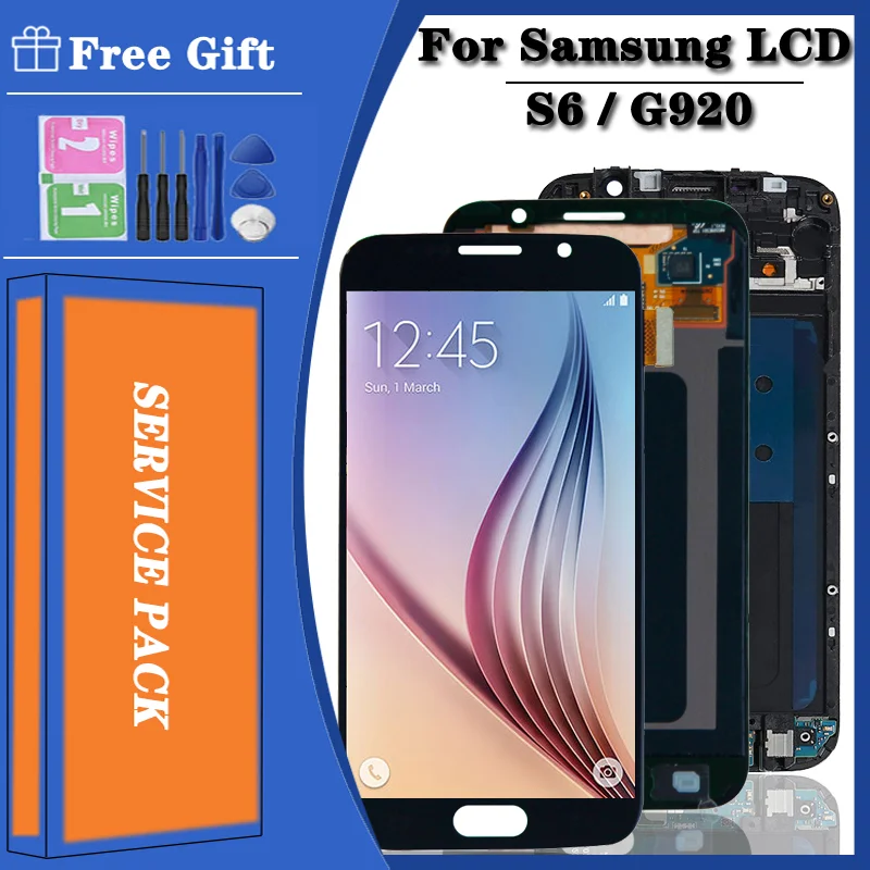 شاشة لمس سوبر أموليد lcd لسامسونج s6 g920 g920i g920f g920f g920w8 ، مجموعة محول الأرقام مع حرق وظلال