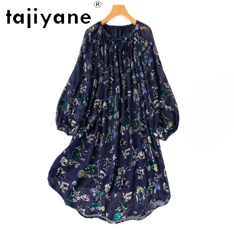 

TAJIYANE Real Mulberry Silk Dress Navy Blue Long Sleeve Dresses 2026 Woman Clothes Summer Mid Length Frocks Vestidos Largos