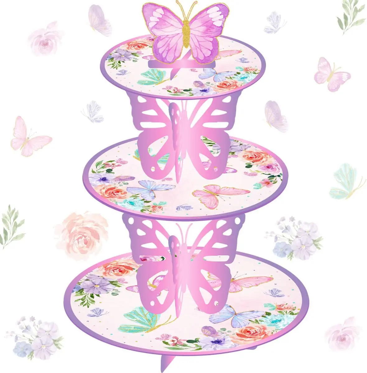 Pink Woodland Animal Birthday Cardboard Cupcake Stand for Girls 3-Tier Cake Dessert Tower Holder for Baby Shower Wedding Decor