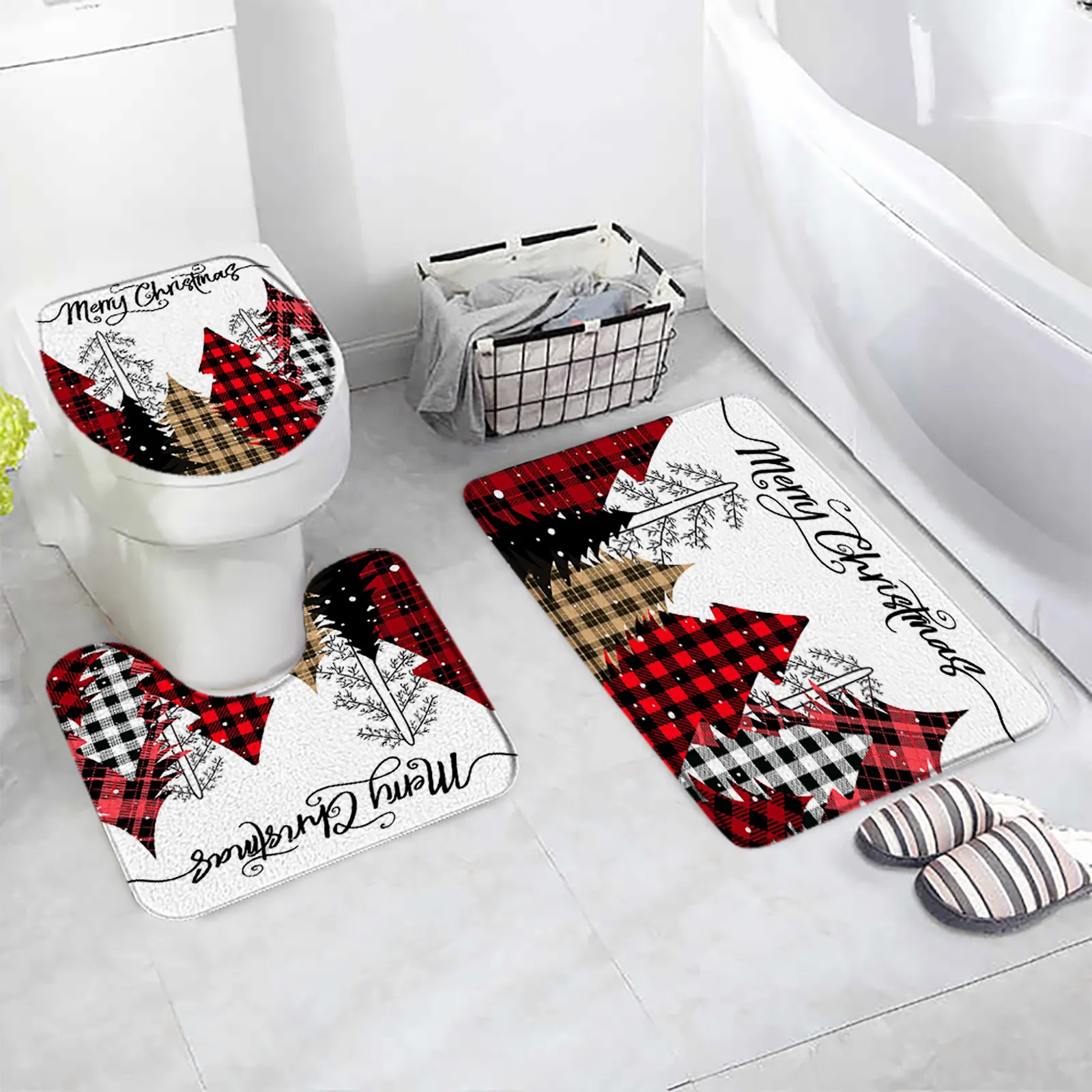 Cute Snowman Christmas Bath Mat Set Pink Xmas Trees Snowflake Winter New Year Flannel Home Bathroom Decor Floor Rug Toilet Cover