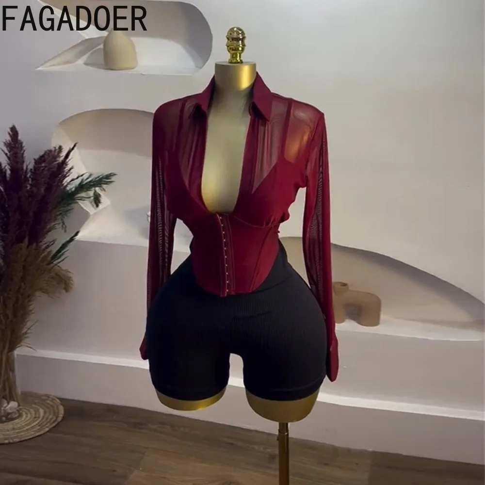 FAGADOER Women Sheer Mesh Corset Top and Shorts 2 Piece Set Sexy Long Sleeve Slim Fit Fall Winter Layering Streetwear Outfit New