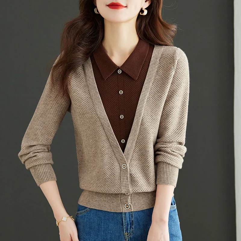 Faux pull 2 pièces patchwork pour femme, pull femme, chemise en tricot, vêtements d'automne et d'hiver, bouton à col rabattu, mode, nouveau, 2024