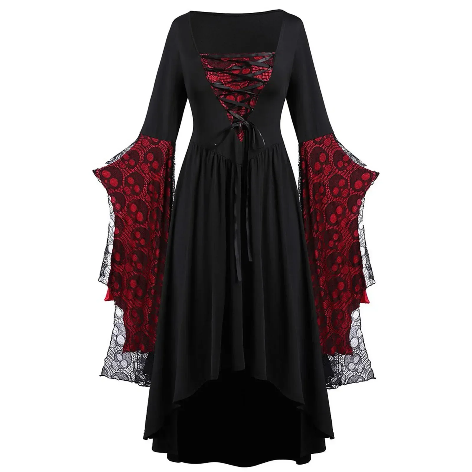 Women's Gothic Skull Lace Strap Dress, Vintage Cosplay Costume, Witch Vampire, Ghost Dresses Up, Party Clothes, Autumn, Winter