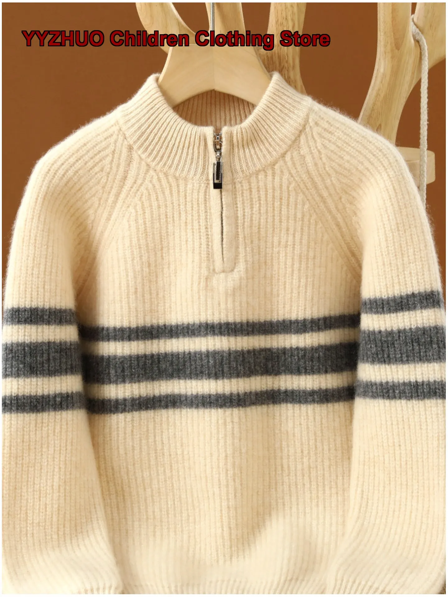 Girls V-Neck Sweater Boys Zip-Up Sweater Autumn Winter Merino Knit Top Striped Pattern Stylish Kids