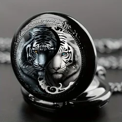 Creative Fashion Tiger Cool Black Quartz Pocket Watch, Necklace Pendant For Men