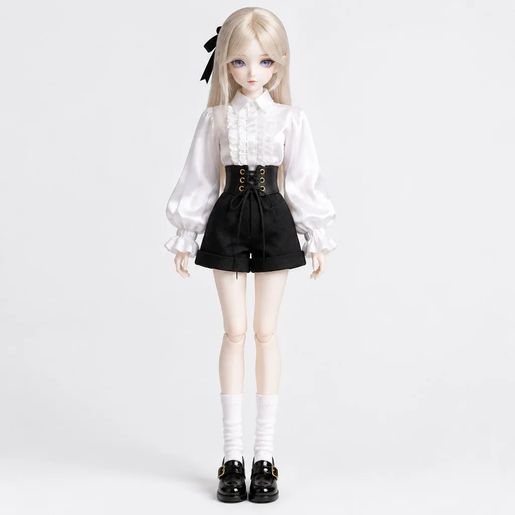 OB11 Clothes Gothic Ruffle Shirt Set for 1/12 BJD Doll, Satin Jabot Blouse Corset Shorts, Fits P9 Body, Black White