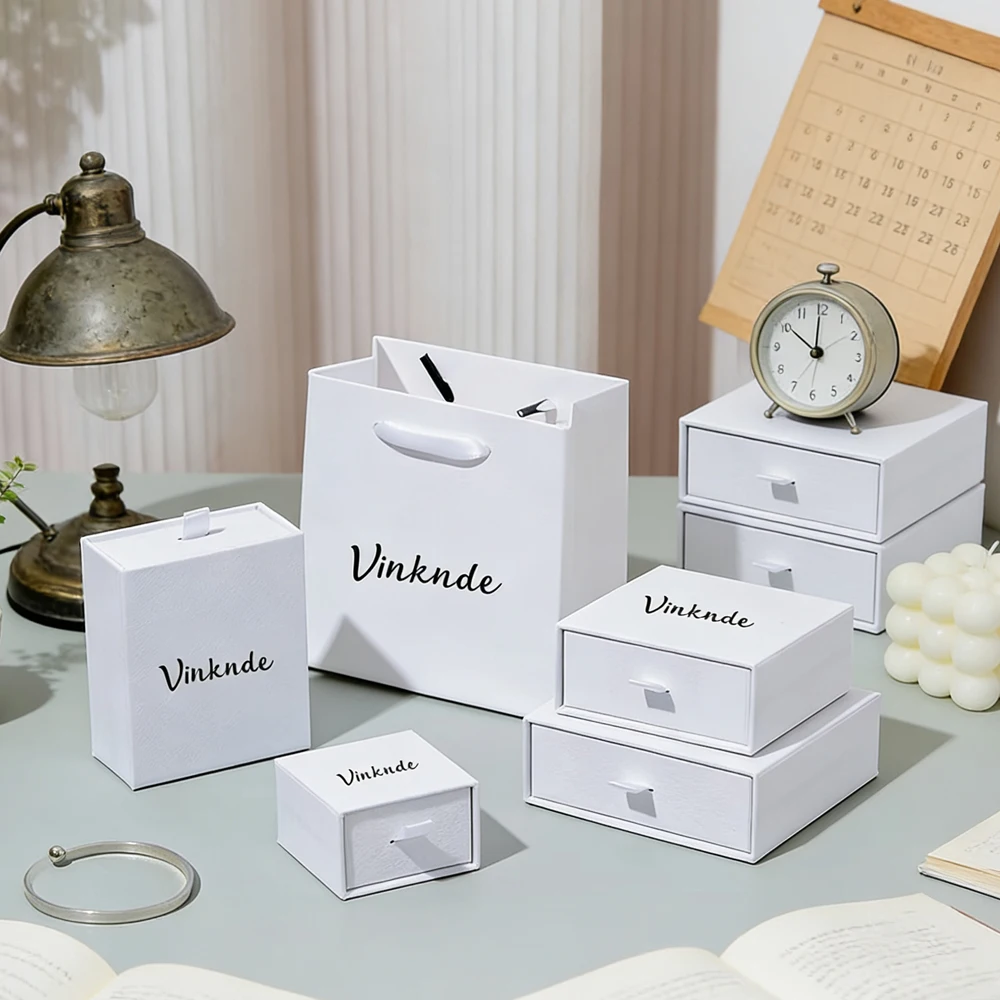 

50Pack White Kraft Gift Paper Tote Bags With Jewelry Drawer Cardboard Boxes Custom Logo Wedding Party Favor Handles Bag Case