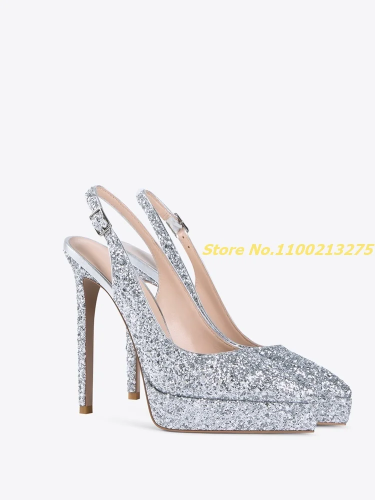 Glitter Back Strap Pumps Platform Thin High Heel Sexy Pointed Toe Sequined Cloth Dress Women Shoes Pink Silver Custom Made Shoes